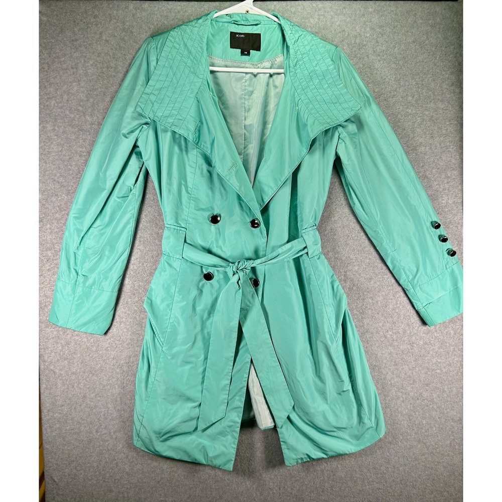 Icon Womens Green Belted Button Trench Coat Lined Mid-Length Size Small